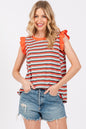 Urban Romance Striped Round Neck Ruffled Cap Sleeve Top