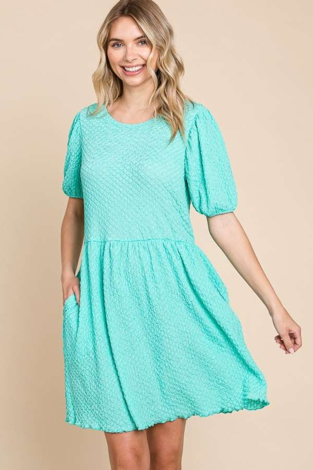SKY BLUE Textured Round Neck Puff Sleeve Dress