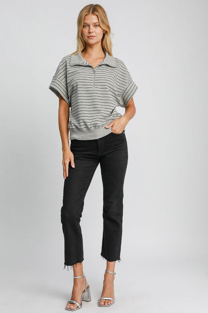 Crafted for Comfort Striped Half Zip Short Sleeve Sweatshirt