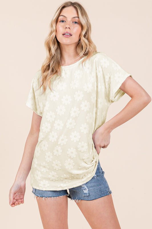 Sans Textured Floral Pattern Short Sleeve T-Shirt