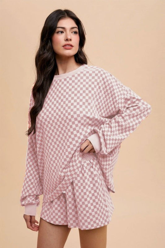 Sansplay Luxe Two-Piece Checkered Round Neck Top and Drawstring Shorts Set
