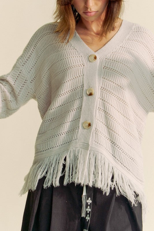 The Couture Knit Fringe V-Neck Button Up Long Sleeve Cardigan