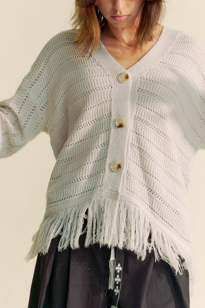 The Couture Knit Fringe V-Neck Button Up Long Sleeve Cardigan