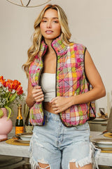 The Precious Merino Quilted Washed Plaid Snap Down Vest