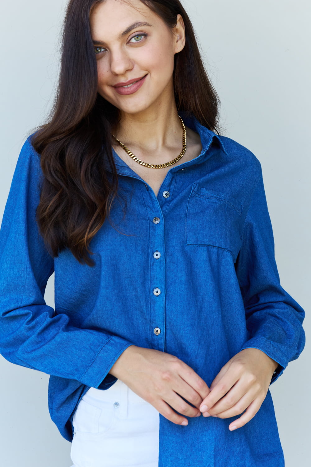 Jean Baby Denim Button Down Shirt Top in Dark Blue