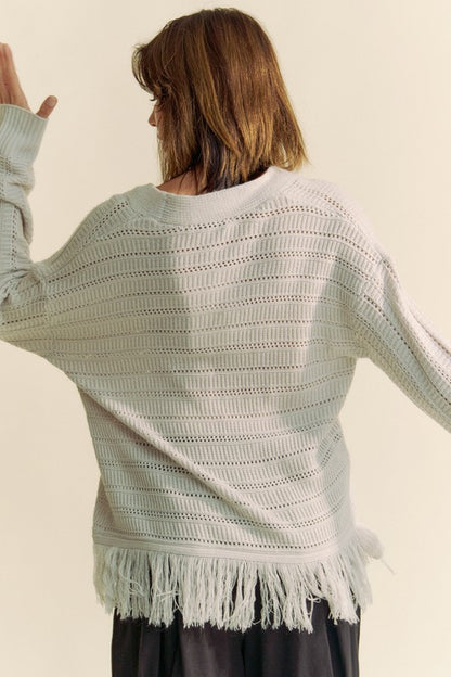 The Couture Knit Fringe V-Neck Button Up Long Sleeve Cardigan