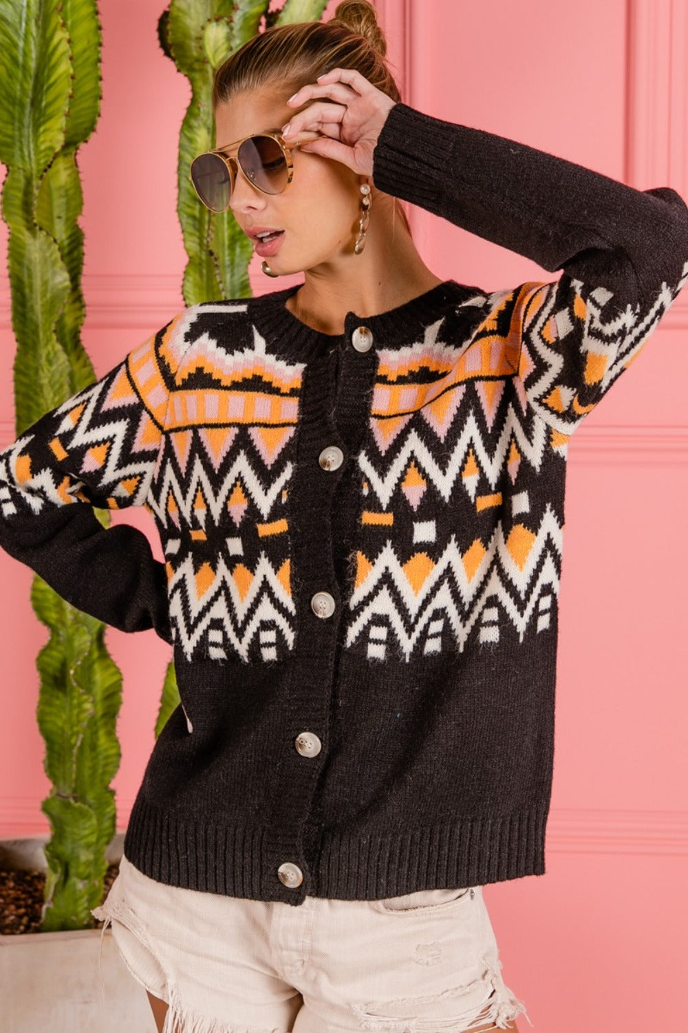 The Precious Merino Ethnic Pattern Button Up Knit Cardigan