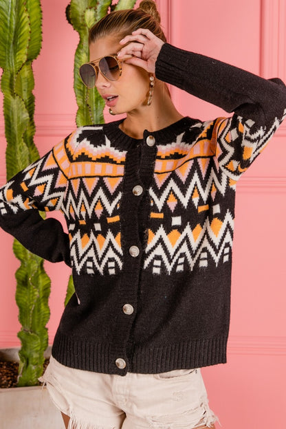 The Precious Merino Ethnic Pattern Button Up Knit Cardigan