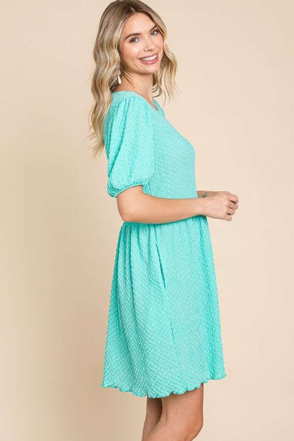 SKY BLUE Textured Round Neck Puff Sleeve Dress