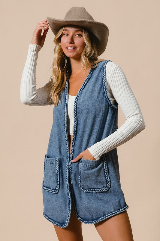 The Heirloom Braided Trim Open Front Denim Vest with Pockets