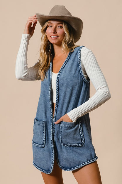 The Heirloom Braided Trim Open Front Denim Vest with Pockets