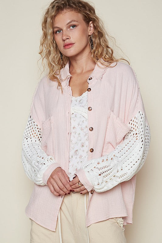 The Cashmere Dream Openwork Lantern Sleeve Button Down Gauze Shirt