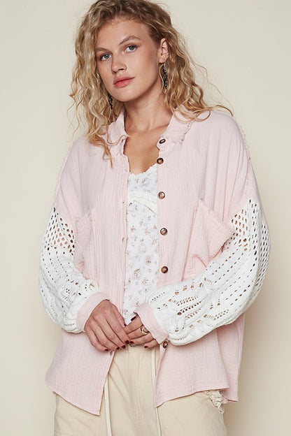 The Cashmere Dream Openwork Lantern Sleeve Button Down Gauze Shirt