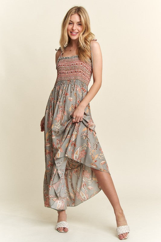 Cupid's Arrow Smocked Printed Square Neck Tie Shoulder Cami Dress