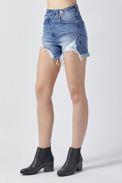 Sapphire Bloom Raw Hem Asymmetrical Waist Denim Shorts