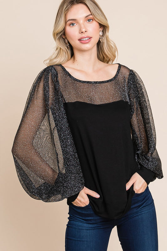 Ephemeral Grace Metallic Mesh Lantern Sleeve Blouse