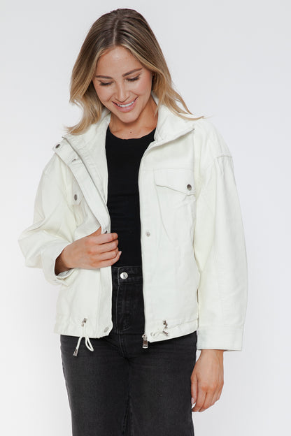 Drawstring Hem PU Leather Zip Up Jacket