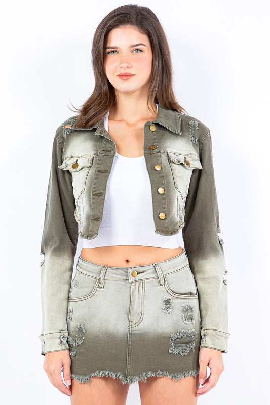 Sansplay Distressed Ombre Washed Cropped Denim Jacket