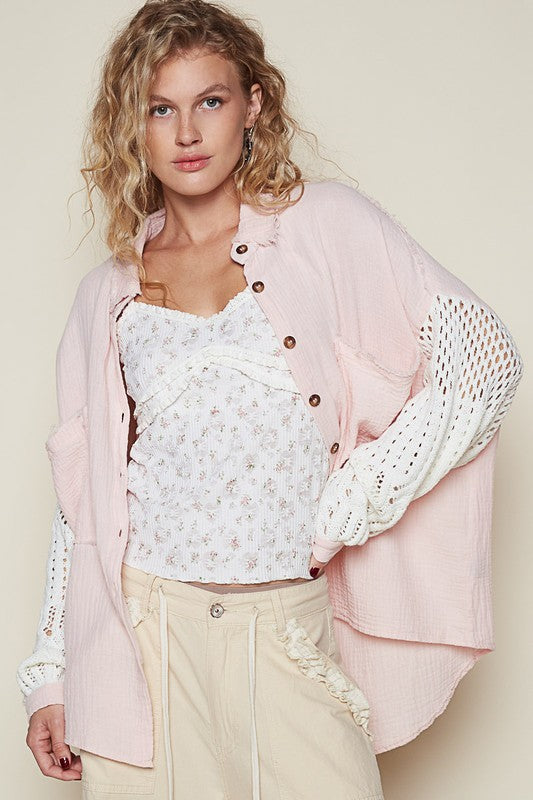 The Cashmere Dream Openwork Lantern Sleeve Button Down Gauze Shirt