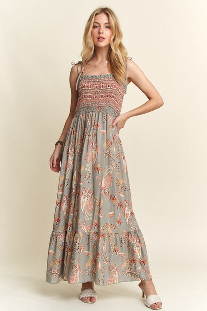 Cupid's Arrow Smocked Printed Square Neck Tie Shoulder Cami Dress