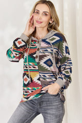 Full Size Geometric Exposed Seam Drawstring Hoodie