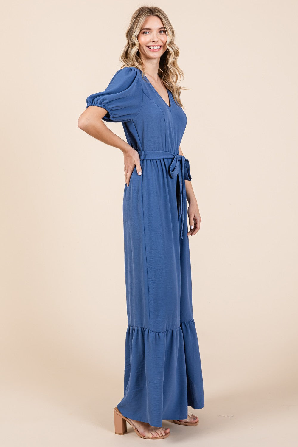 Sans V-Neck Belted Wide Leg Jumpsuit