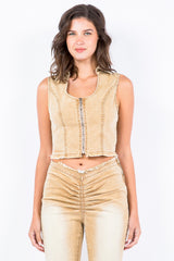 Sans Zip Up Washed Crop Denim Vest