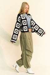 The Couture Knit Two Tone Flower Square Crochet Open Front Cardigan