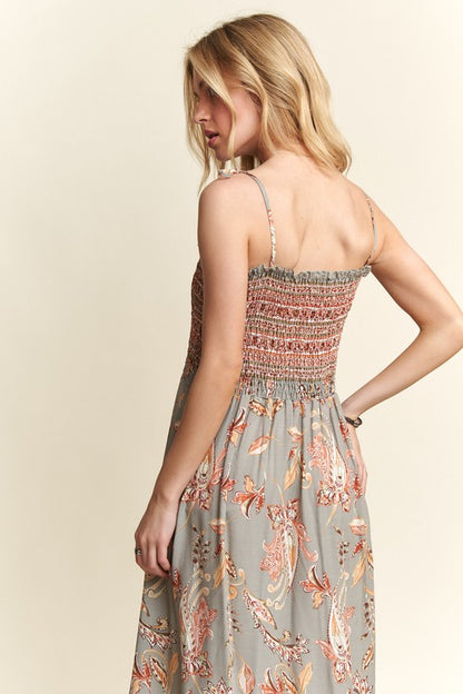 Cupid's Arrow Smocked Printed Square Neck Tie Shoulder Cami Dress