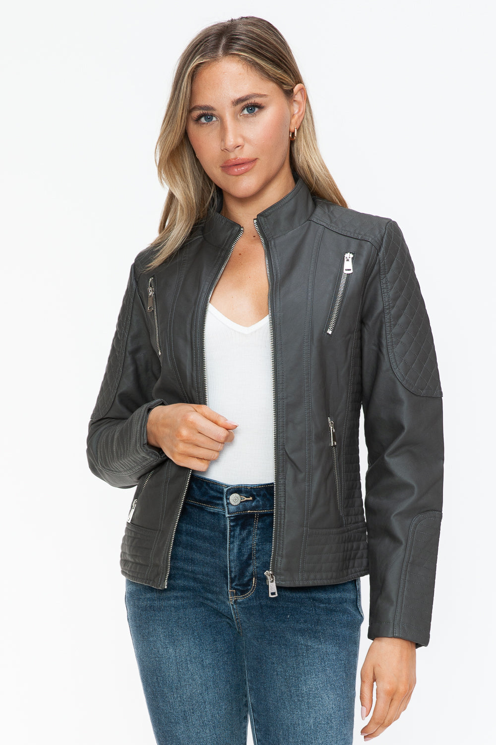 Leather Zip Up Mock Neck Jacket