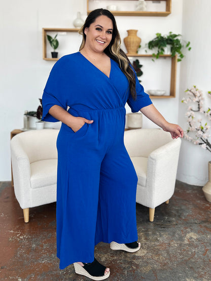 Full Size Surplice Wide Leg Jumpsuit with Pockets
