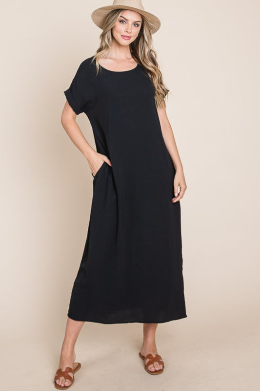 Sansplay Round Neck Short Sleeve Midi Dress with Pockets