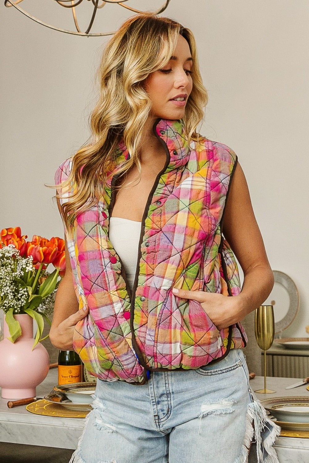The Precious Merino Quilted Washed Plaid Snap Down Vest