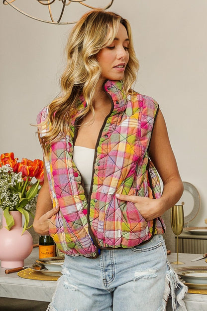 The Precious Merino Quilted Washed Plaid Snap Down Vest