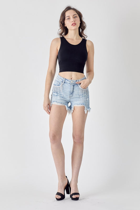 The Gold Standard Frayed Hem Denim Shorts with Fringe Detail Pockets