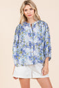 Twilight Glow Flower Print Batwing Sleeve Button Down Blouse
