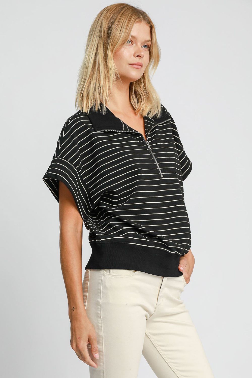 Crafted for Comfort  Striped Half Zip Short Sleeve Sweatshirt