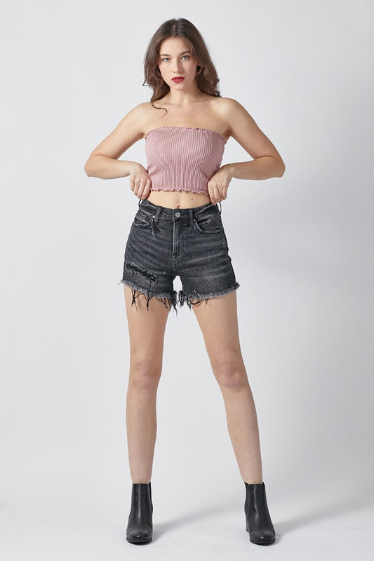 Sapphire Bloom Raw Hem Denim Shorts with Pockets