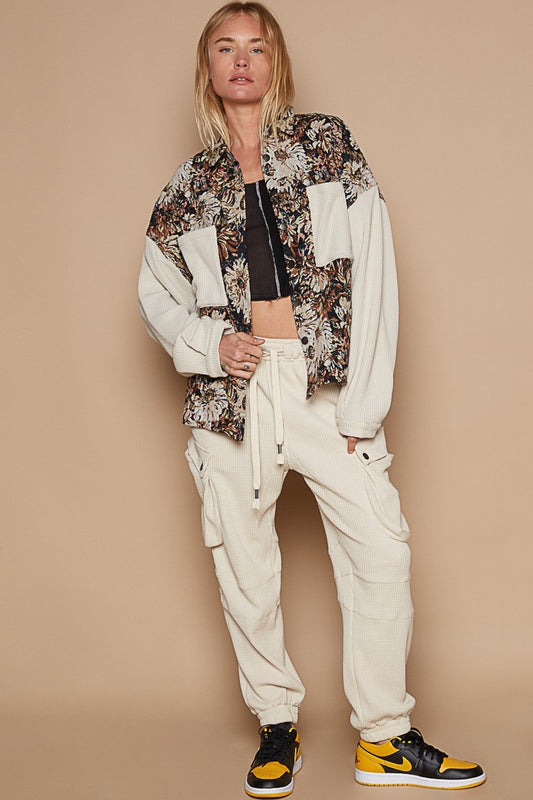 Solace Contrast Sleeves Button Down Floral Jacquard Shirt
