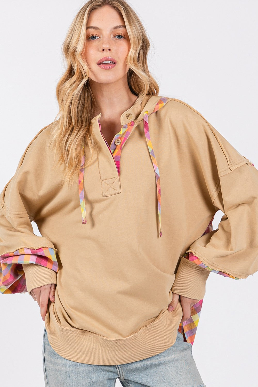 Sans Full Size Plaid Print Washed Hoodie