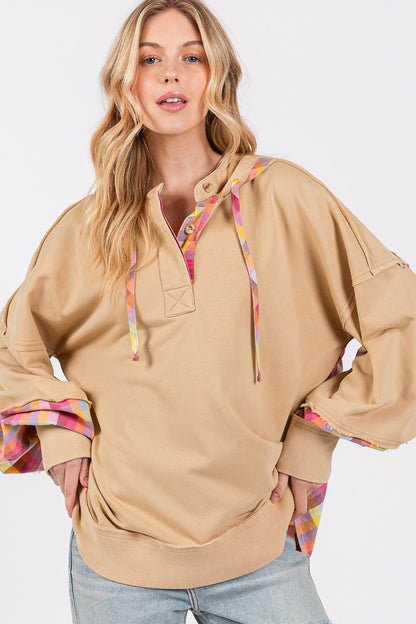 Sans Full Size Plaid Print Washed Hoodie