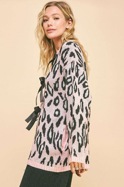 The Couture Knit Leopard Ribbon Tie Front Loose Fit Cardigan