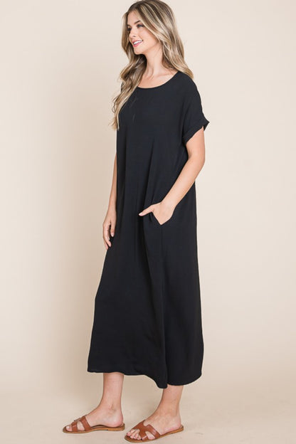 Sansplay Round Neck Short Sleeve Midi Dress with Pockets