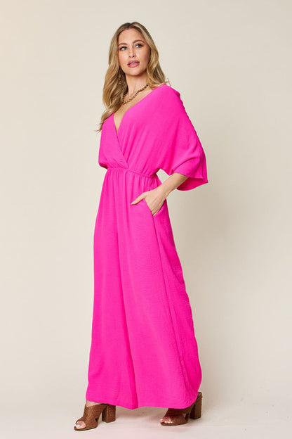 Full Size Surplice Wide Leg Jumpsuit with Pockets