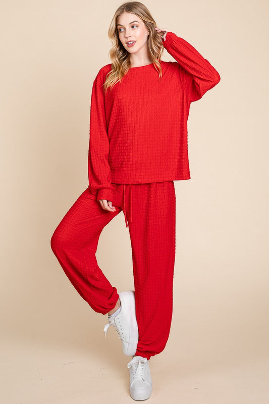 Sansplay Luxe Two-Piece Crinkle Check Round Neck Top and Pants Lounge Set