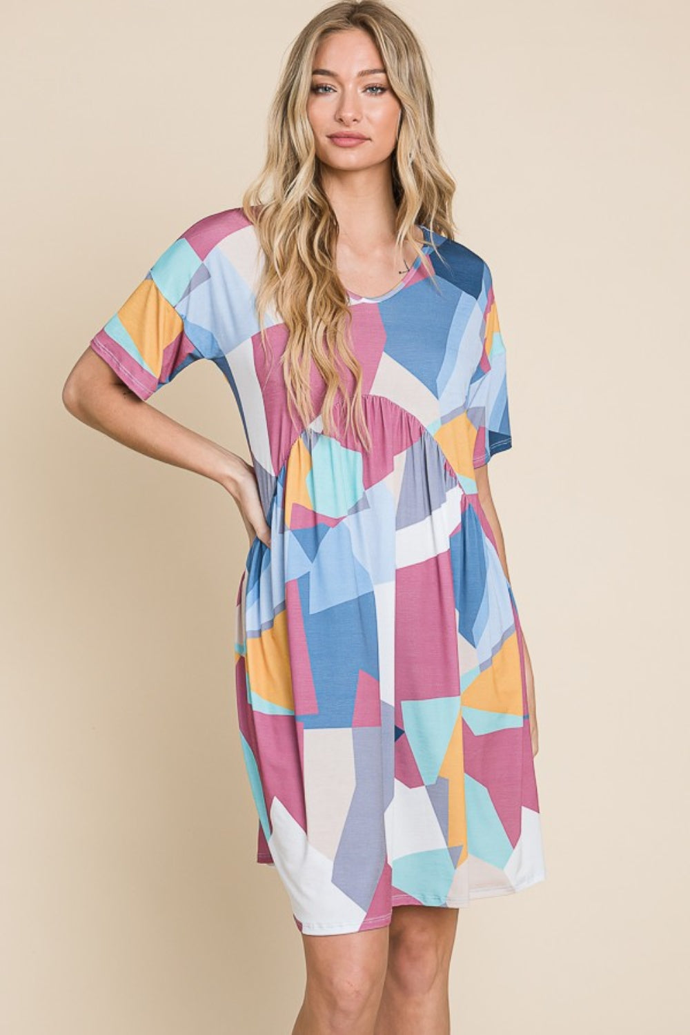 Sansplay Urban Bloom Ruched Color Block Short Sleeve Dress