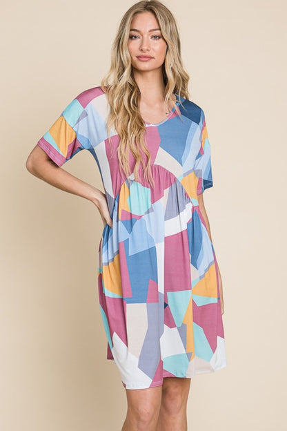 Sansplay Urban Bloom Ruched Color Block Short Sleeve Dress