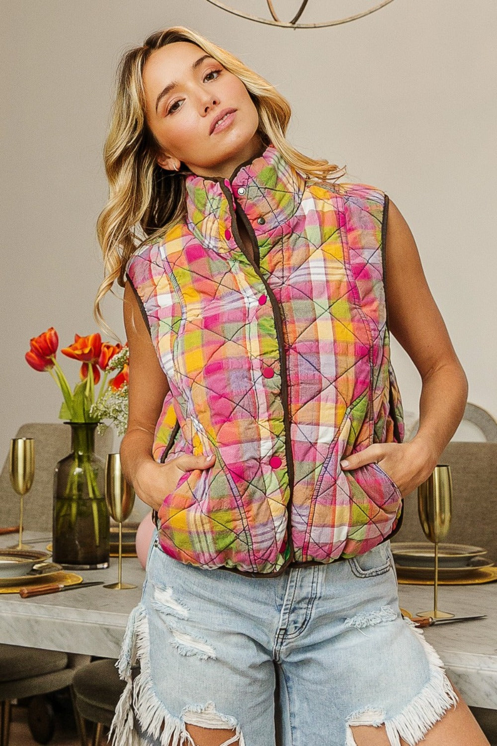 The Precious Merino Quilted Washed Plaid Snap Down Vest