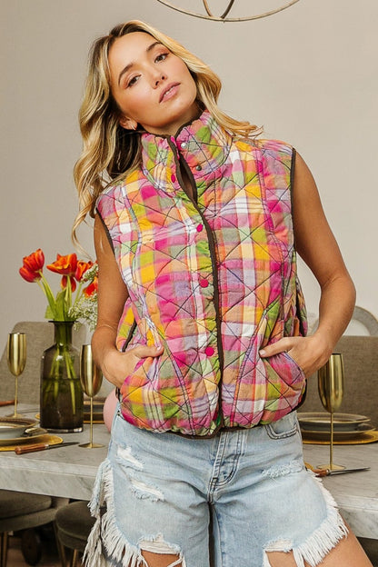 The Precious Merino Quilted Washed Plaid Snap Down Vest