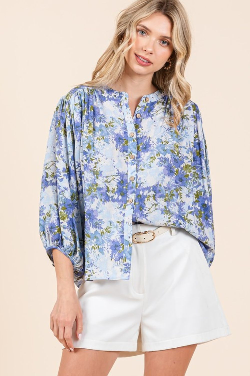 Twilight Glow Flower Print Batwing Sleeve Button Down Blouse